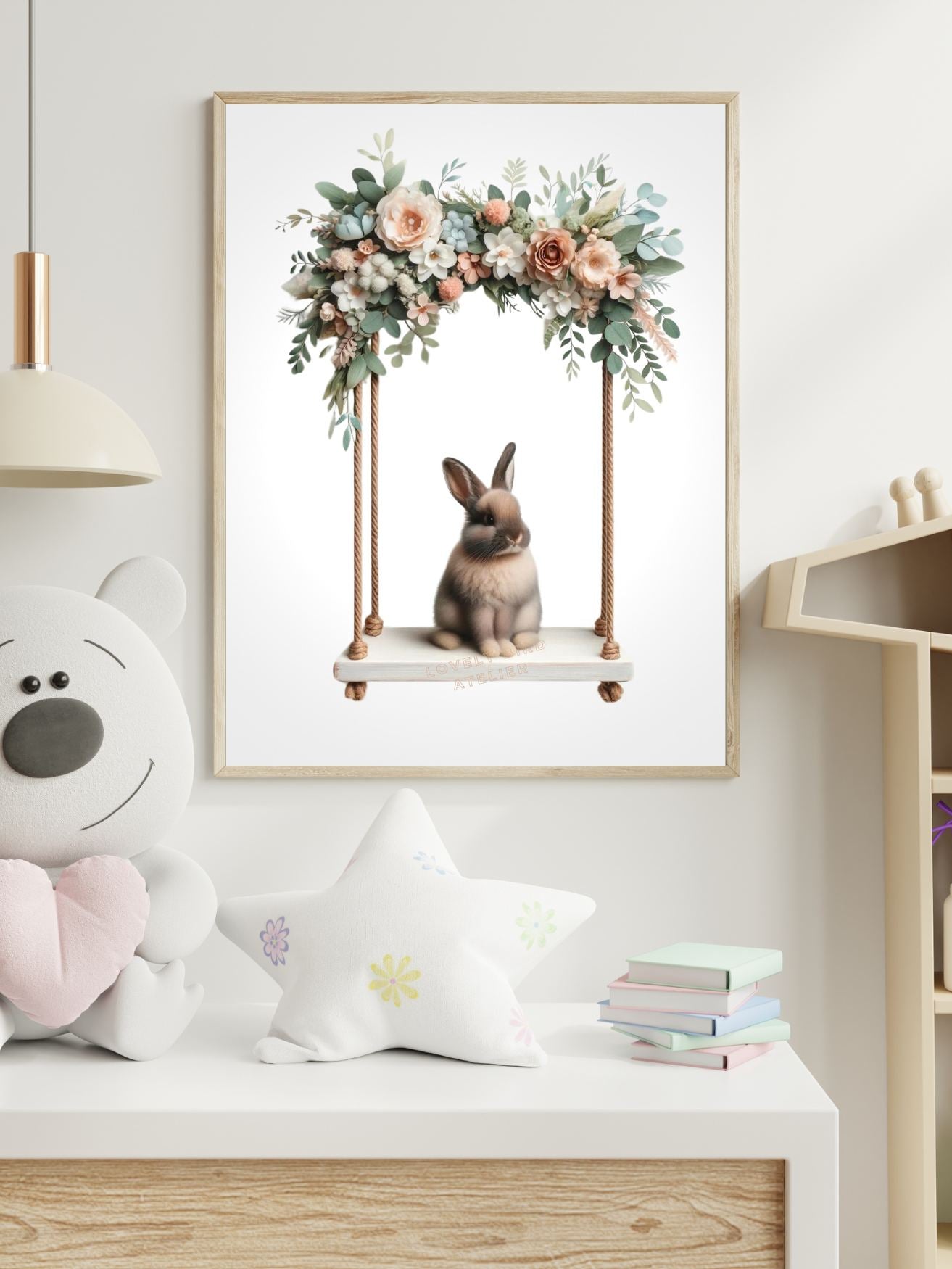 Adorable nursery decor with a framed bunny picture and plush toys on dresser