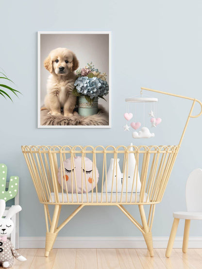 Jolie chambre de bébé avec berceau en rotin et cadre photo d'un chiot adorable.