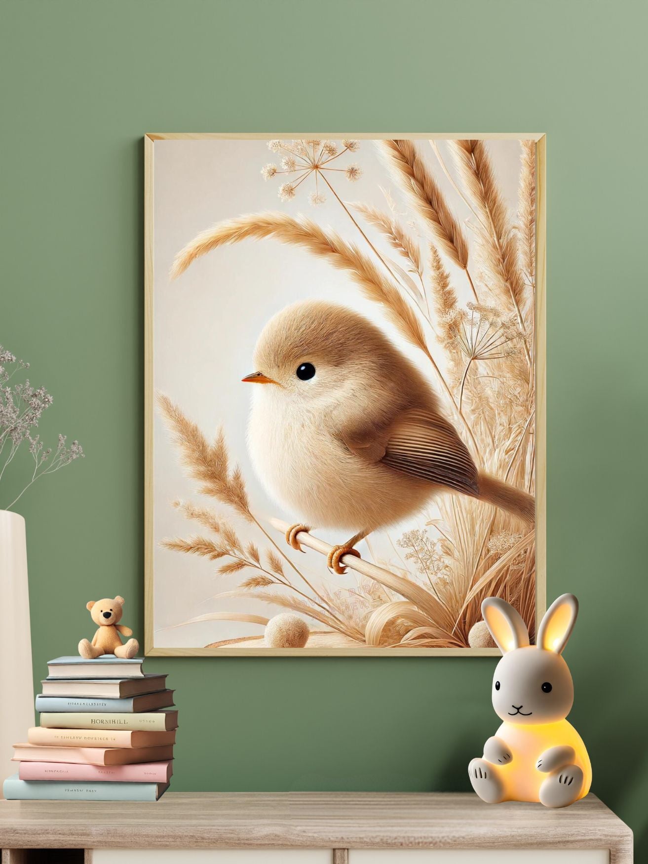 Affiche décorative d'oiseau mignon dans une chambre d'enfant avec des jouets et une lampe en forme de lapin