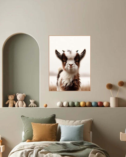 Chèvre sur photo encadrée dans une chambre décorée avec des jouets en peluche et des oreillers colorés