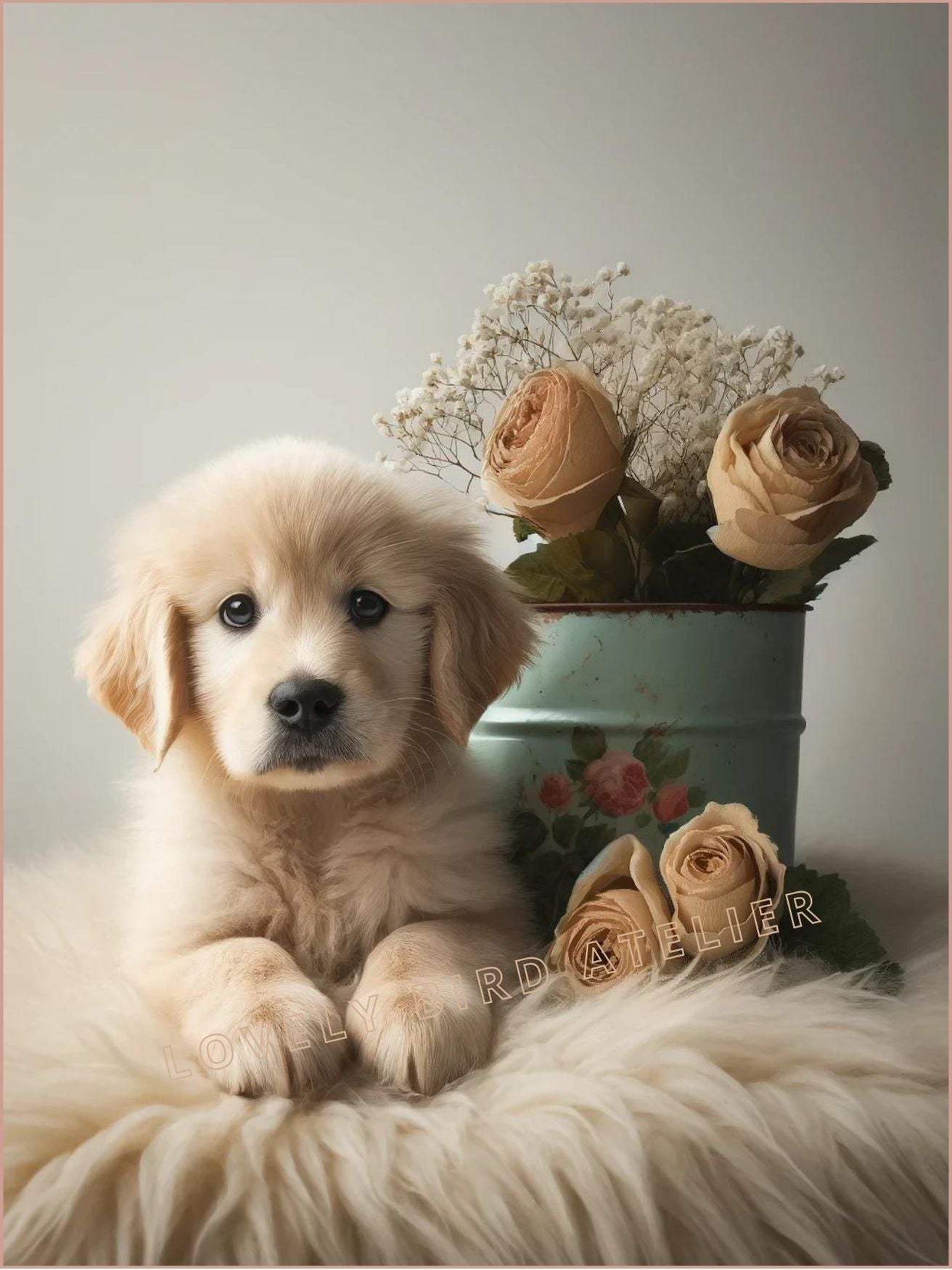 Affiche Chiot Mignon & Fleurs Séchées