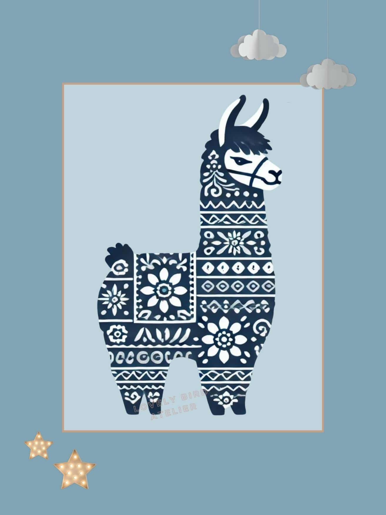 Affiche  Lama & Motifs Bleus