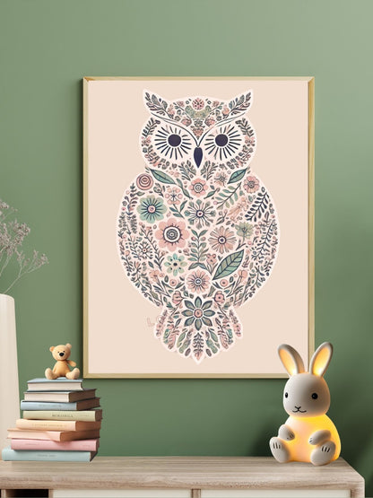 Affiche Hibou & Motifs Beiges