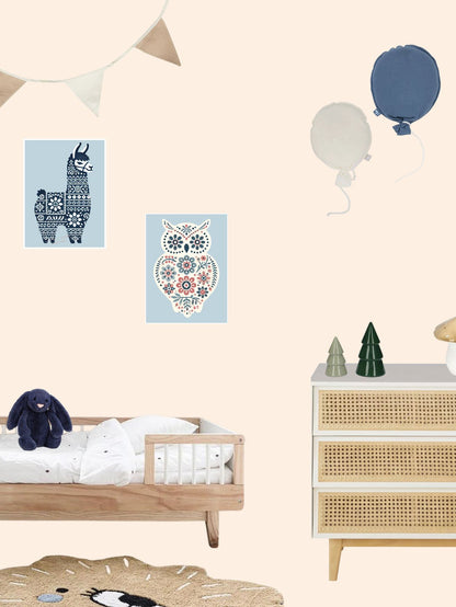 Affiche Hibou & Motifs Bleus