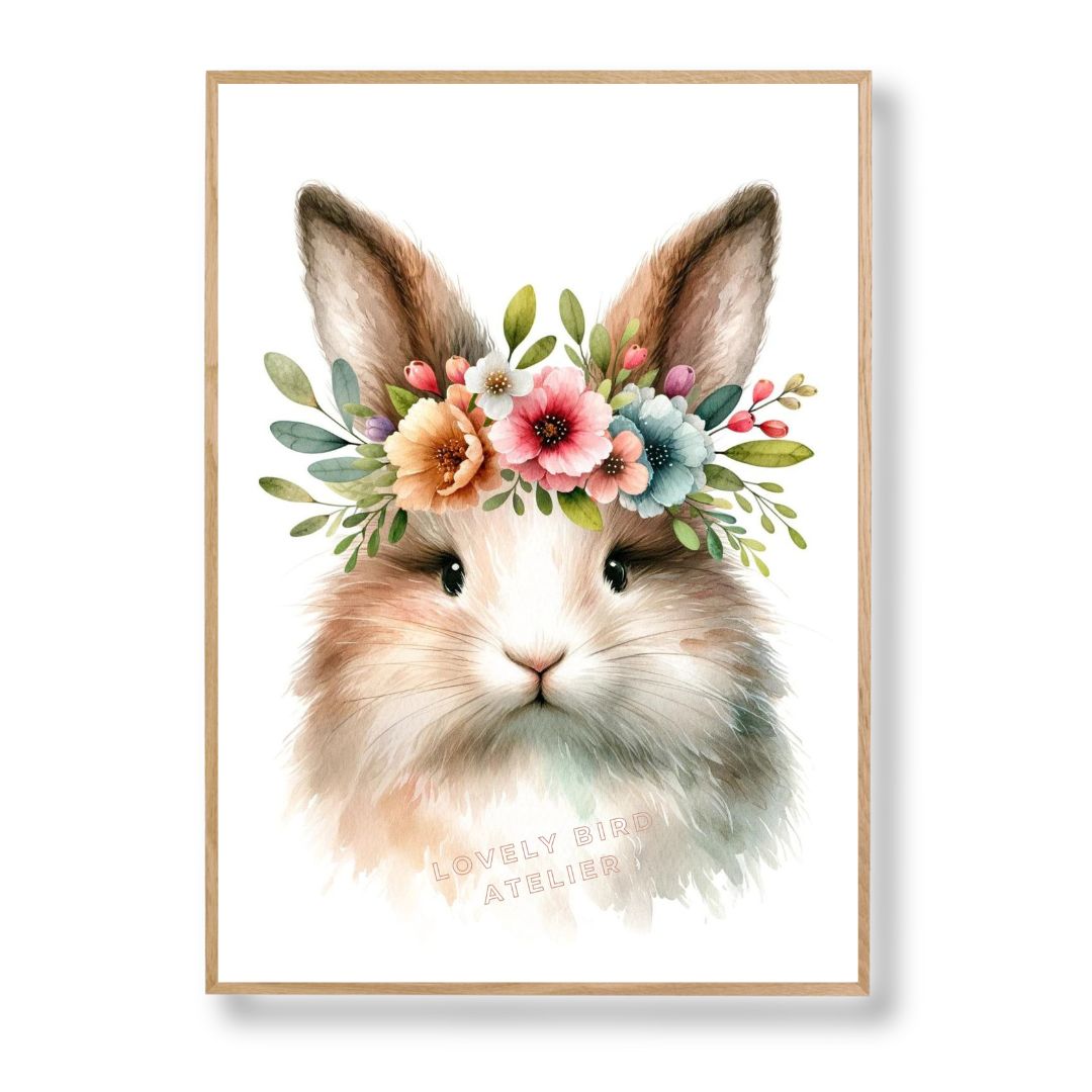 Affiche Lapin  Aquarelle & Fleurs